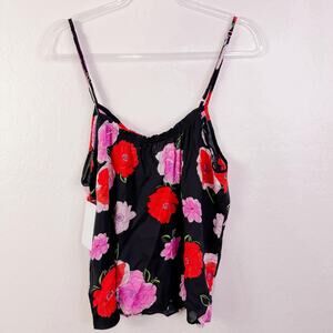 Kensie Floral Sleeveless Tie Front Sleep Cami Top Coquette Black Pink Size L NWT